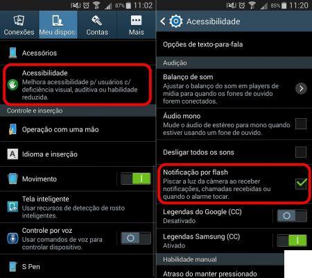 Como acender a luz quando chega uma mensagem Samsung